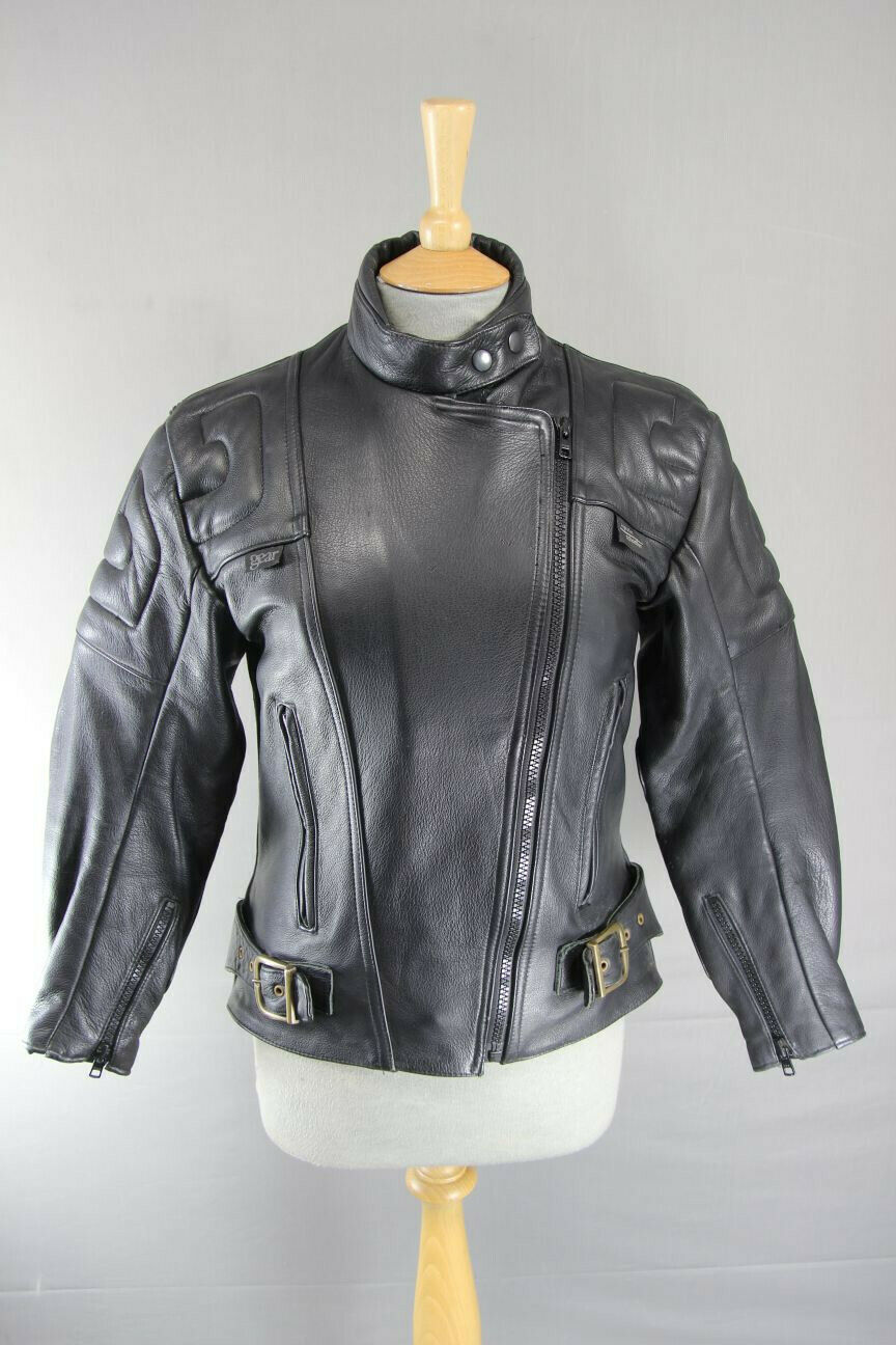 CLASSIC BRITISH MADE GEAR BLACK LEATHER BIKER JACKET: SIZE 14
