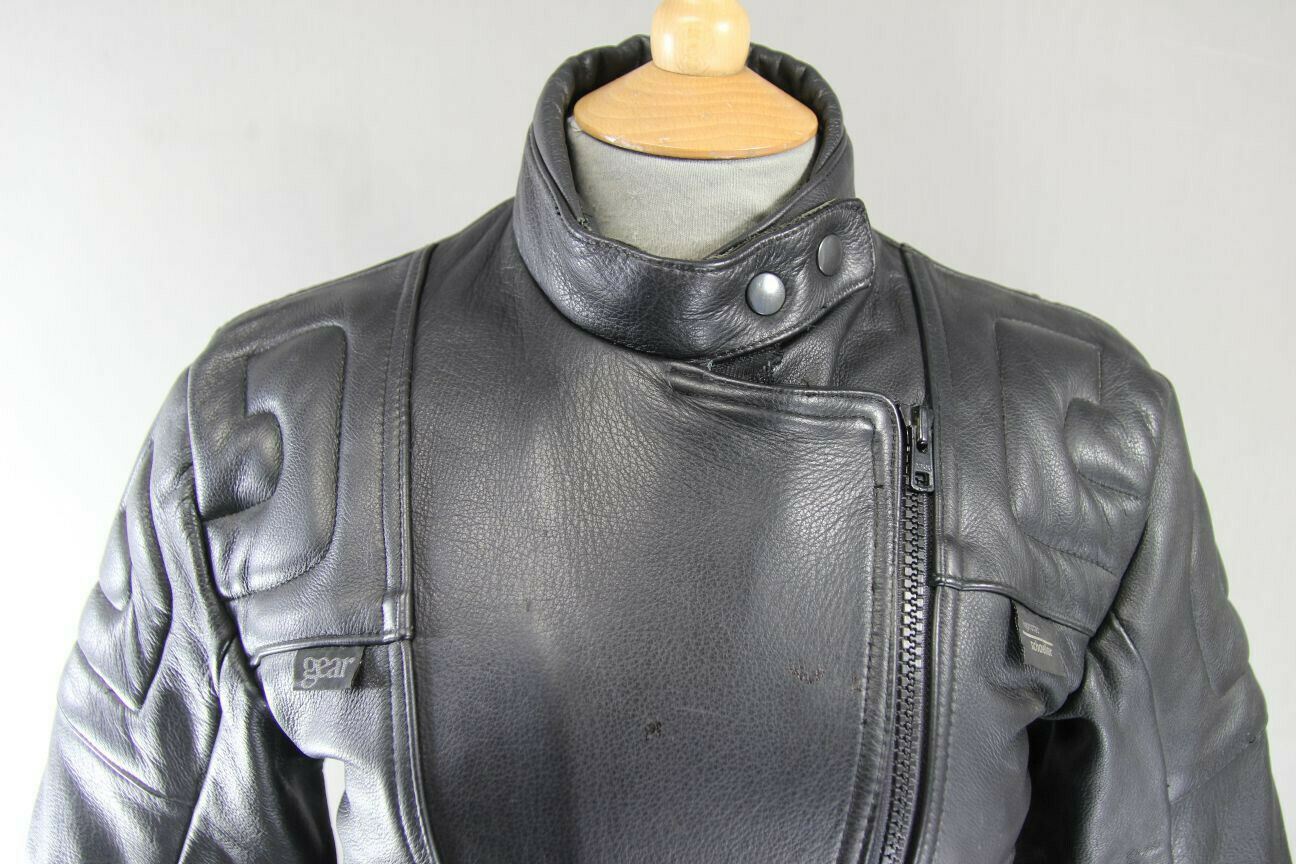 CLASSIC BRITISH MADE GEAR BLACK LEATHER BIKER JACKET: SIZE 14