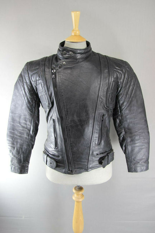 CLASSIC MERCURY STONES BLACK LEATHER BIKER JACKET 38 INCH