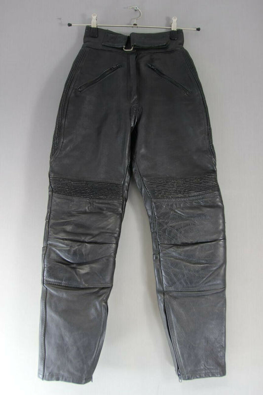 JT'S BLACK COWHIDE LEATHER BIKER TROUSERS SIZE 10: WAIST 24 IN/INSIDE LEG 28 IN