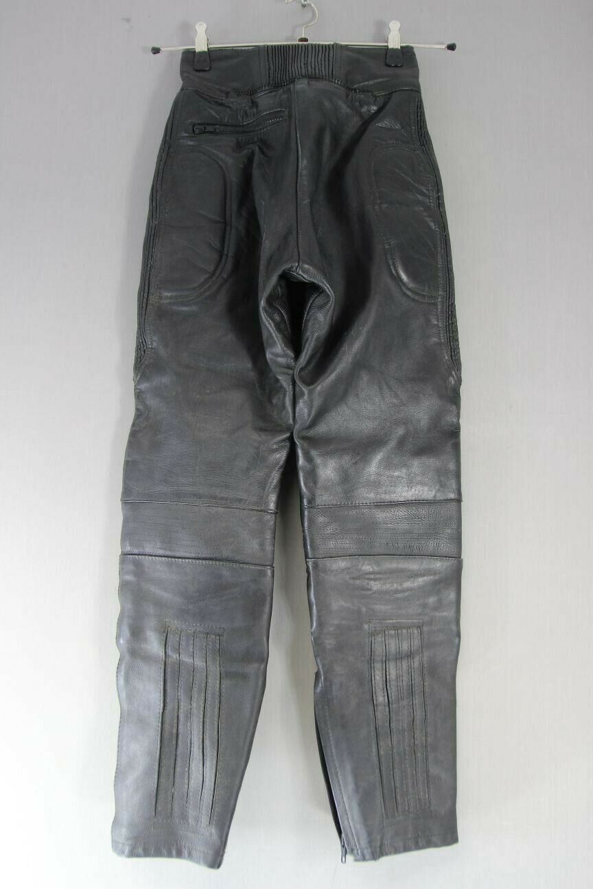 JT'S BLACK COWHIDE LEATHER BIKER TROUSERS SIZE 10: WAIST 24 IN/INSIDE LEG 28 IN