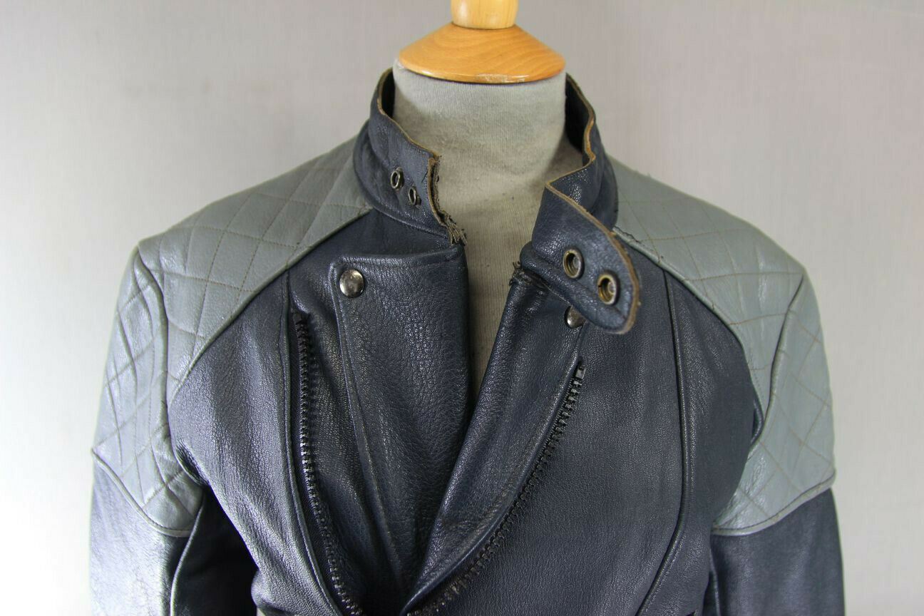 VINTAGE 1970's BRITISH MADE BLUE/GREY G'MAC COWHIDE LEATHER BIKER JACKET 38 INCH