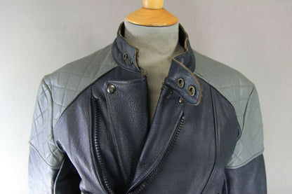 VINTAGE 1970's BRITISH MADE BLUE/GREY G'MAC COWHIDE LEATHER BIKER JACKET 38 INCH