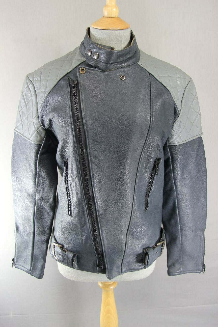 VINTAGE 1970's BRITISH MADE BLUE/GREY G'MAC COWHIDE LEATHER BIKER JACKET 38 INCH
