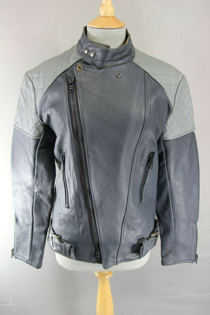 VINTAGE 1970's BRITISH MADE BLUE/GREY G'MAC COWHIDE LEATHER BIKER JACKET 38 INCH