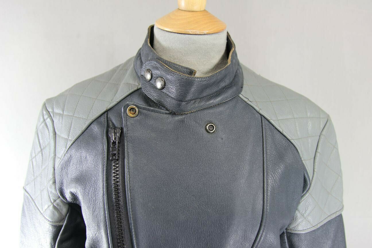 VINTAGE 1970's BRITISH MADE BLUE/GREY G'MAC COWHIDE LEATHER BIKER JACKET 38 INCH