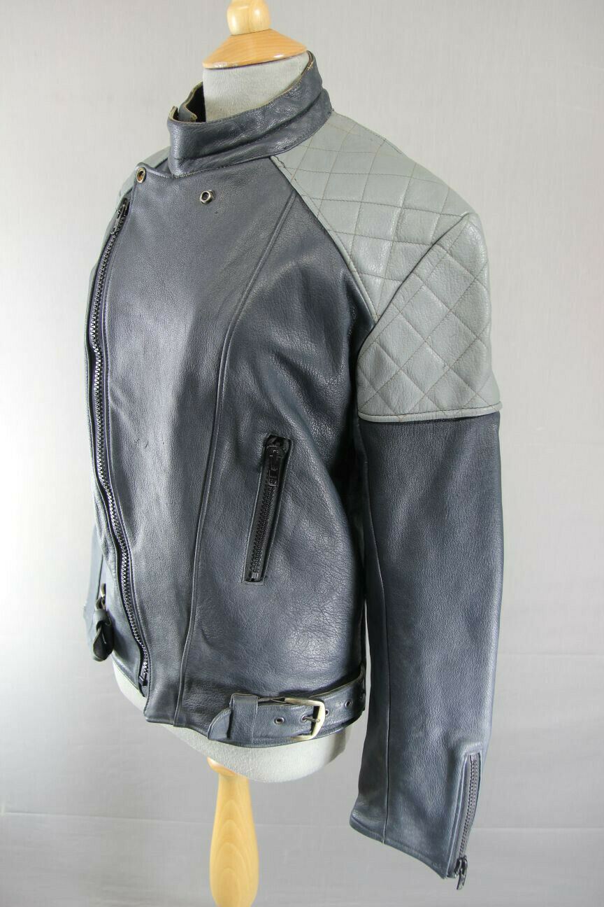 VINTAGE 1970's BRITISH MADE BLUE/GREY G'MAC COWHIDE LEATHER BIKER JACKET 38 INCH