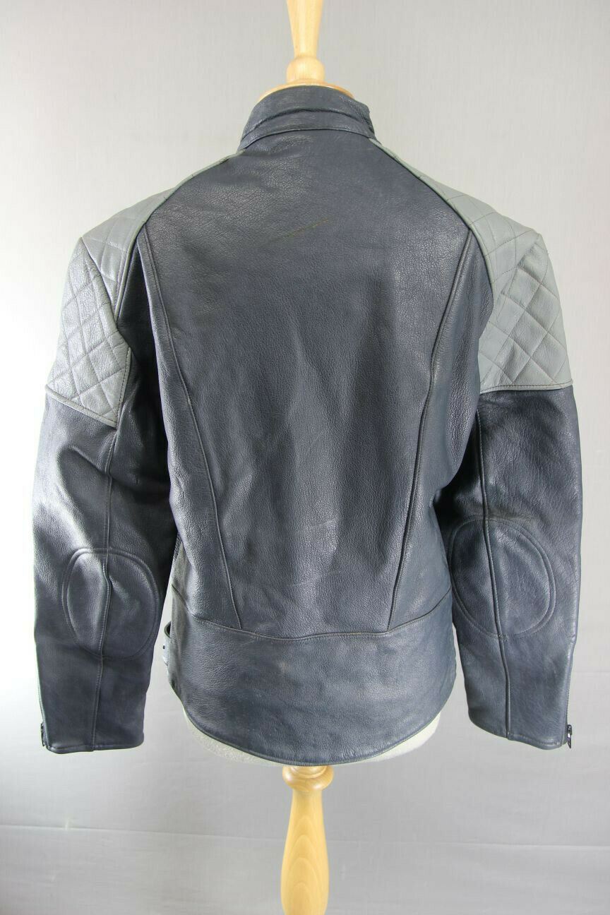 VINTAGE 1970's BRITISH MADE BLUE/GREY G'MAC COWHIDE LEATHER BIKER JACKET 38 INCH