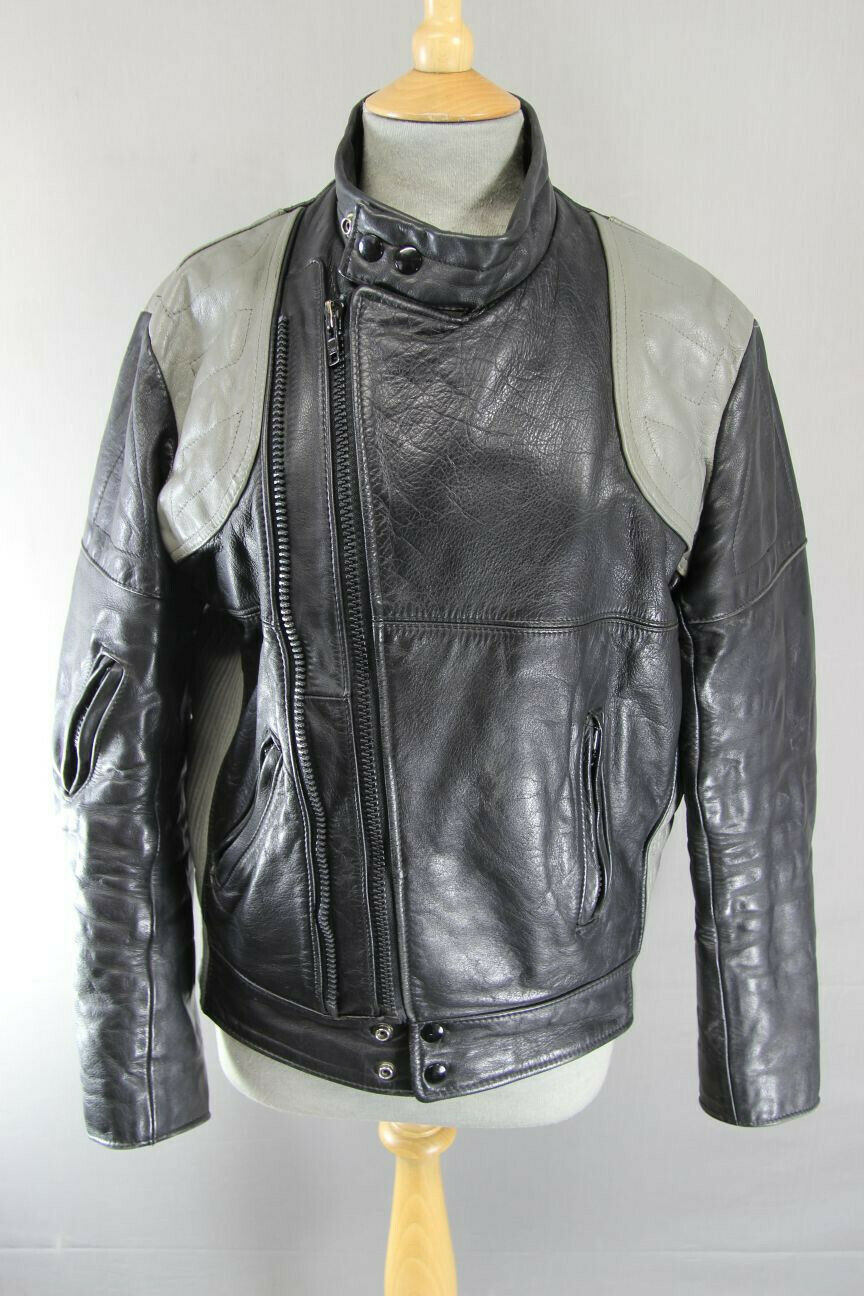 VINTAGE 1970's CLASSIC BLACK & GREY LEATHER BIKER JACKET 38 INCH