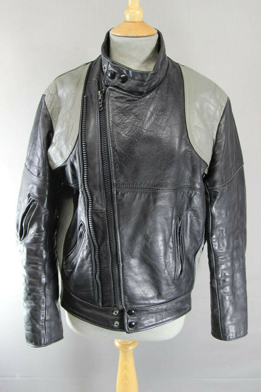 VINTAGE 1970's CLASSIC BLACK & GREY LEATHER BIKER JACKET 38 INCH