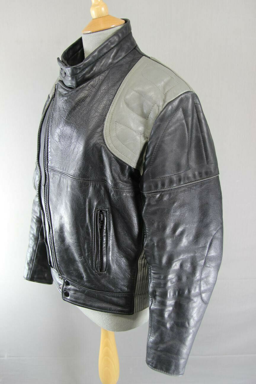 VINTAGE 1970's CLASSIC BLACK & GREY LEATHER BIKER JACKET 38 INCH