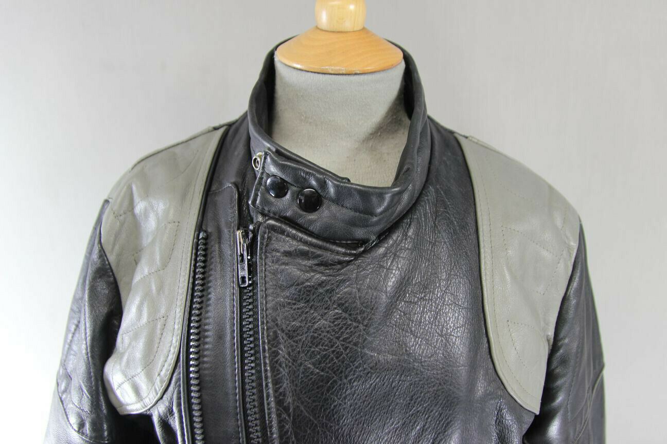 VINTAGE 1970's CLASSIC BLACK & GREY LEATHER BIKER JACKET 38 INCH