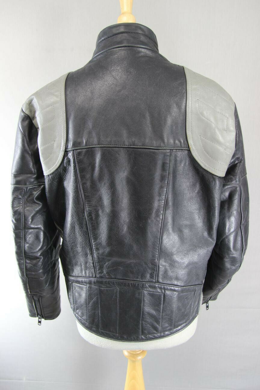 VINTAGE 1970's CLASSIC BLACK & GREY LEATHER BIKER JACKET 38 INCH