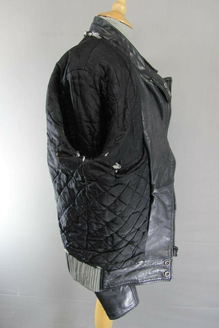 VINTAGE 1970's CLASSIC BLACK & GREY LEATHER BIKER JACKET 38 INCH