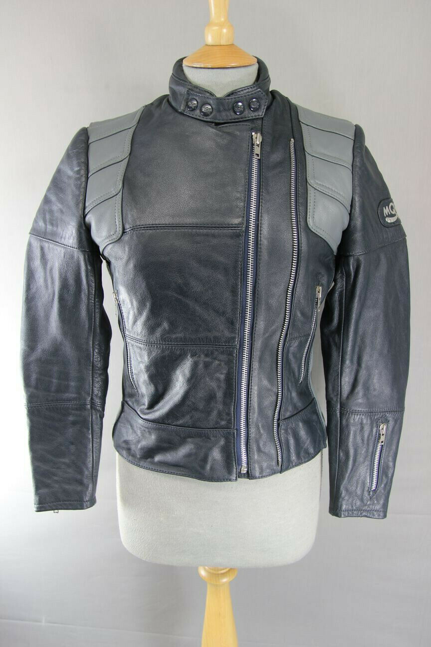 CLASSIC VINTAGE 1980's DARK & LIGHT GREY MQP LEATHER BIKER JACKET 32 INCH