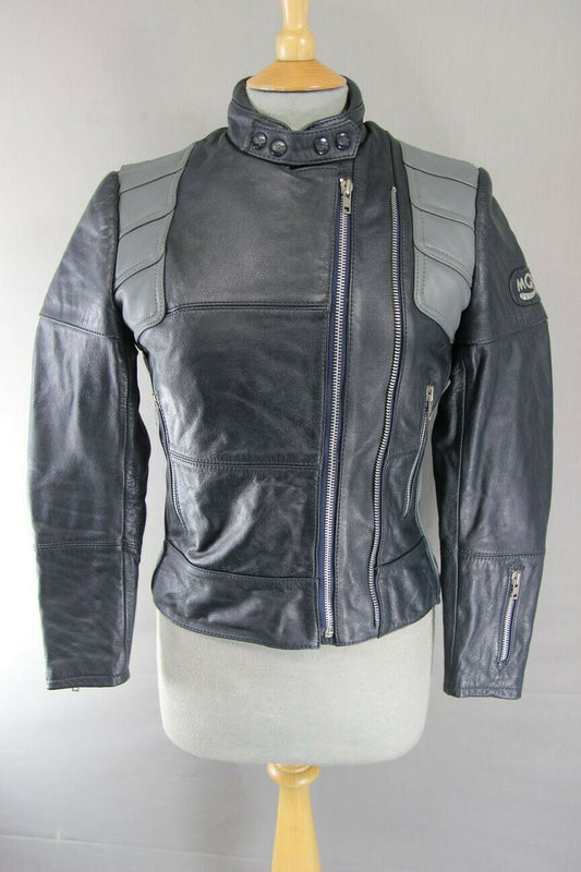 CLASSIC VINTAGE 1980's DARK & LIGHT GREY MQP LEATHER BIKER JACKET 32 INCH