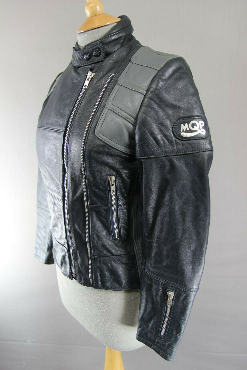 CLASSIC VINTAGE 1980's DARK & LIGHT GREY MQP LEATHER BIKER JACKET 32 INCH