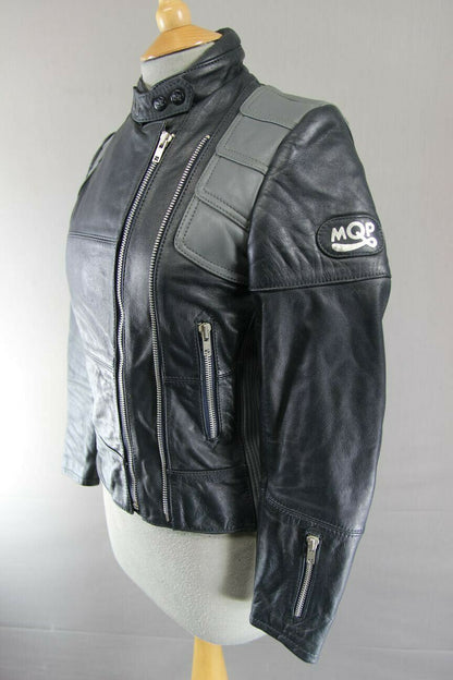 CLASSIC VINTAGE 1980's DARK & LIGHT GREY MQP LEATHER BIKER JACKET 32 INCH