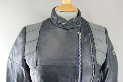 CLASSIC VINTAGE 1980's DARK & LIGHT GREY MQP LEATHER BIKER JACKET 32 INCH