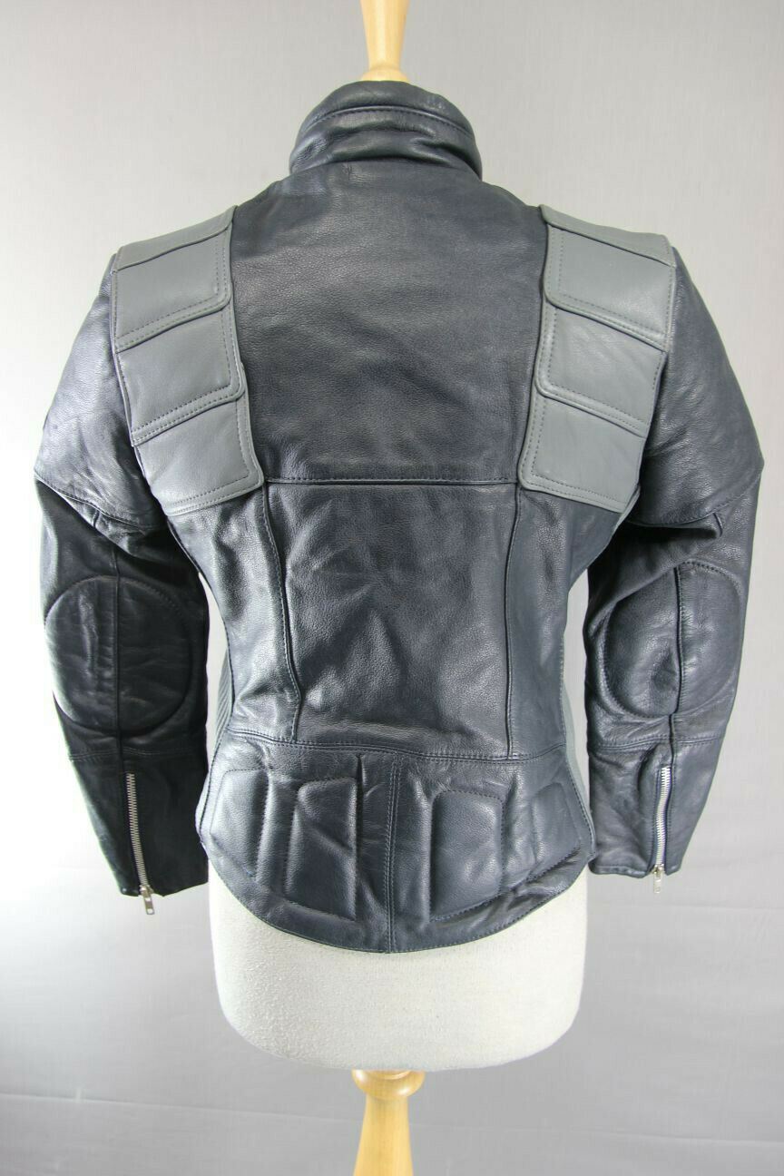 CLASSIC VINTAGE 1980's DARK & LIGHT GREY MQP LEATHER BIKER JACKET 32 INCH