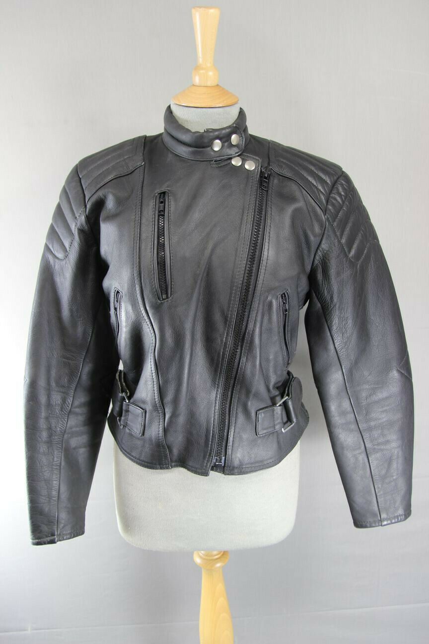 SUPERB QUALITY & CONDITION BLACK LEATHER LADIES BIKER JACKET 36 INCH