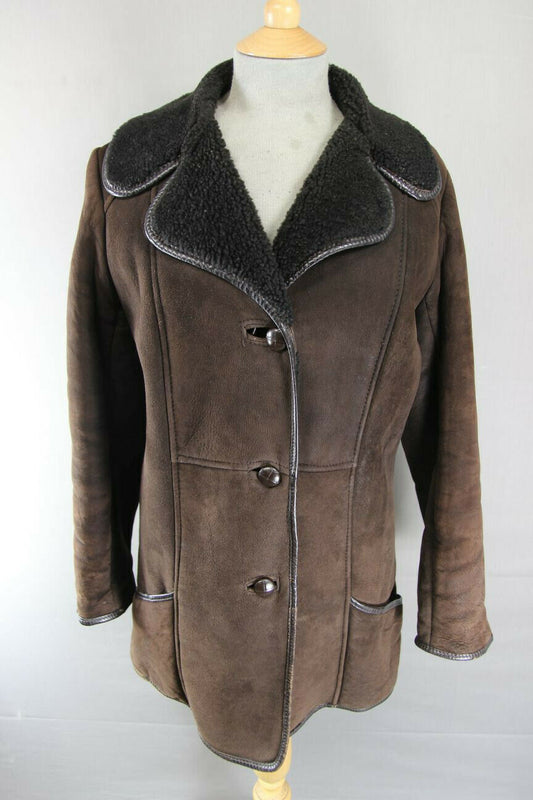 CLASSIC VINTAGE 70's LEATHER TRIMMED DARK BROWN SUEDE SHEEPSKIN LINED COAT 38 IN