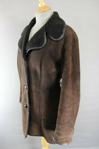 CLASSIC VINTAGE 70's LEATHER TRIMMED DARK BROWN SUEDE SHEEPSKIN LINED COAT 38 IN