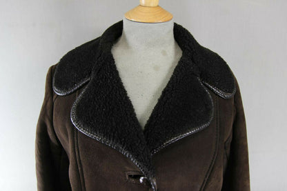 CLASSIC VINTAGE 70's LEATHER TRIMMED DARK BROWN SUEDE SHEEPSKIN LINED COAT 38 IN