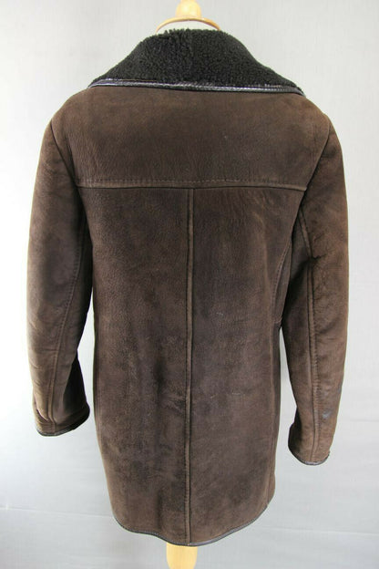CLASSIC VINTAGE 70's LEATHER TRIMMED DARK BROWN SUEDE SHEEPSKIN LINED COAT 38 IN