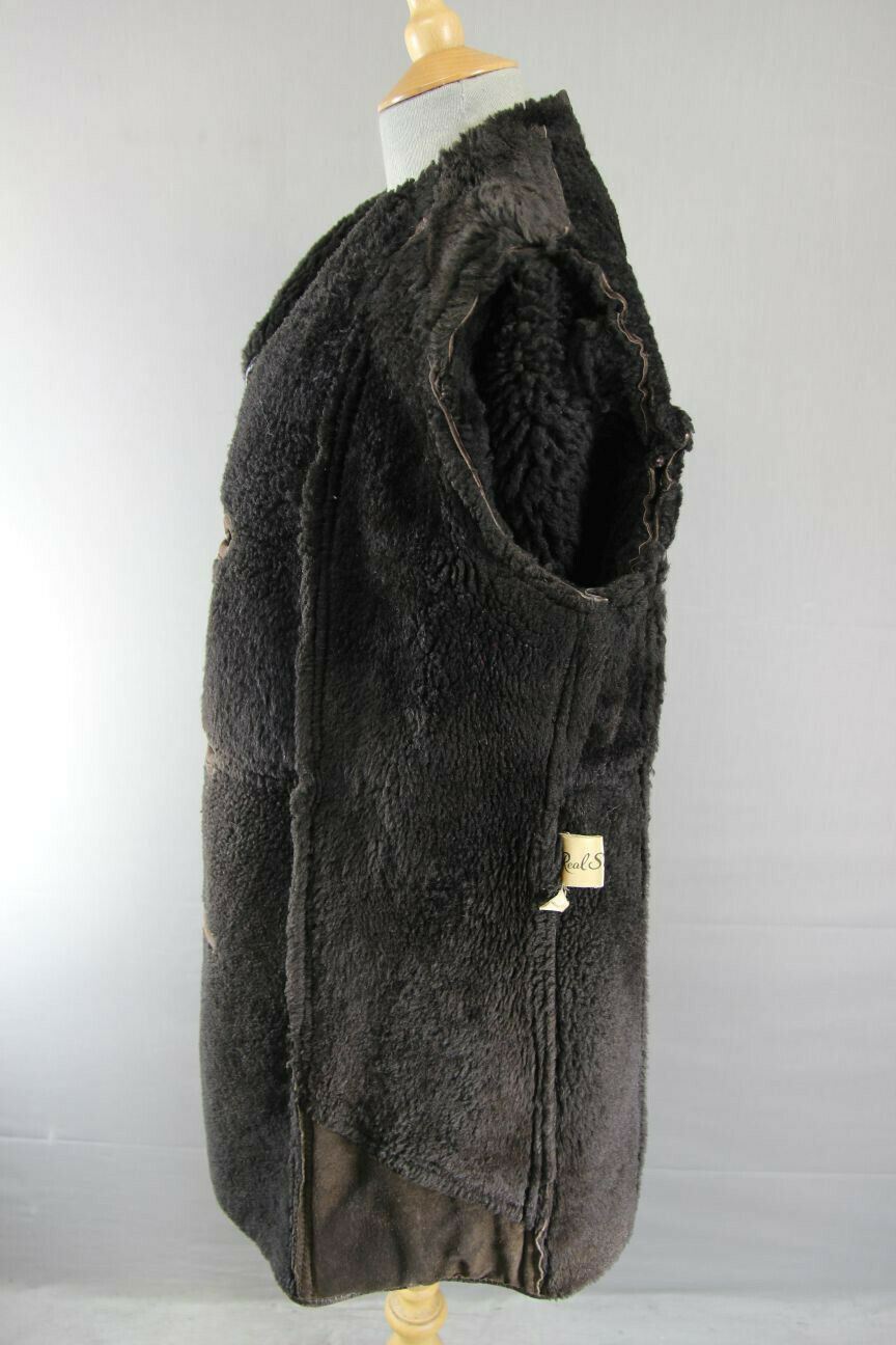 CLASSIC VINTAGE 70's LEATHER TRIMMED DARK BROWN SUEDE SHEEPSKIN LINED COAT 38 IN