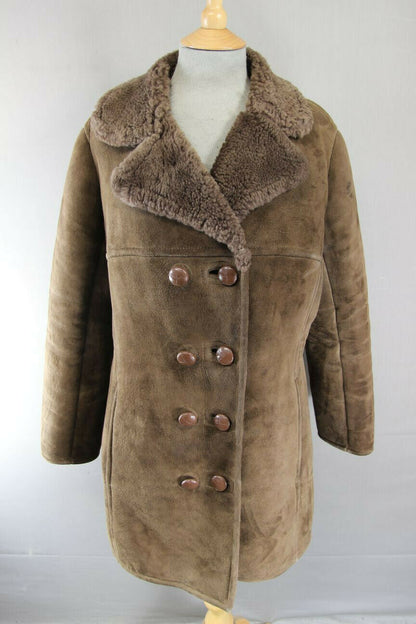 VINTAGE 70's DARK BROWN SUEDE LEATHER SHEEPSKIN LINED DOUBLE BREASTED COAT 38 IN