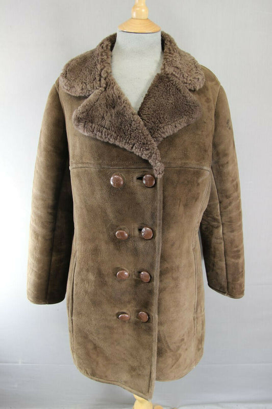 VINTAGE 70's DARK BROWN SUEDE LEATHER SHEEPSKIN LINED DOUBLE BREASTED COAT 38 IN