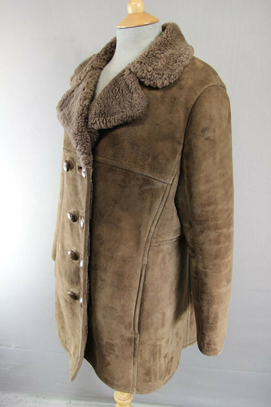 VINTAGE 70's DARK BROWN SUEDE LEATHER SHEEPSKIN LINED DOUBLE BREASTED COAT 38 IN