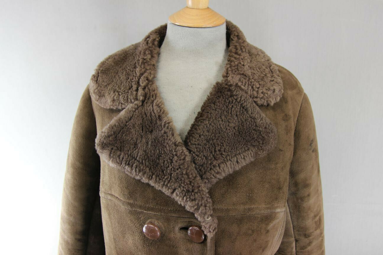 VINTAGE 70's DARK BROWN SUEDE LEATHER SHEEPSKIN LINED DOUBLE BREASTED COAT 38 IN