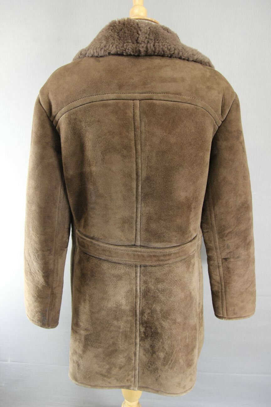 VINTAGE 70's DARK BROWN SUEDE LEATHER SHEEPSKIN LINED DOUBLE BREASTED COAT 38 IN