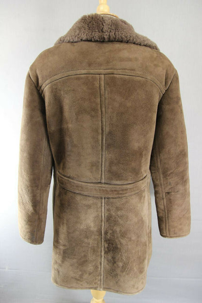 VINTAGE 70's DARK BROWN SUEDE LEATHER SHEEPSKIN LINED DOUBLE BREASTED COAT 38 IN