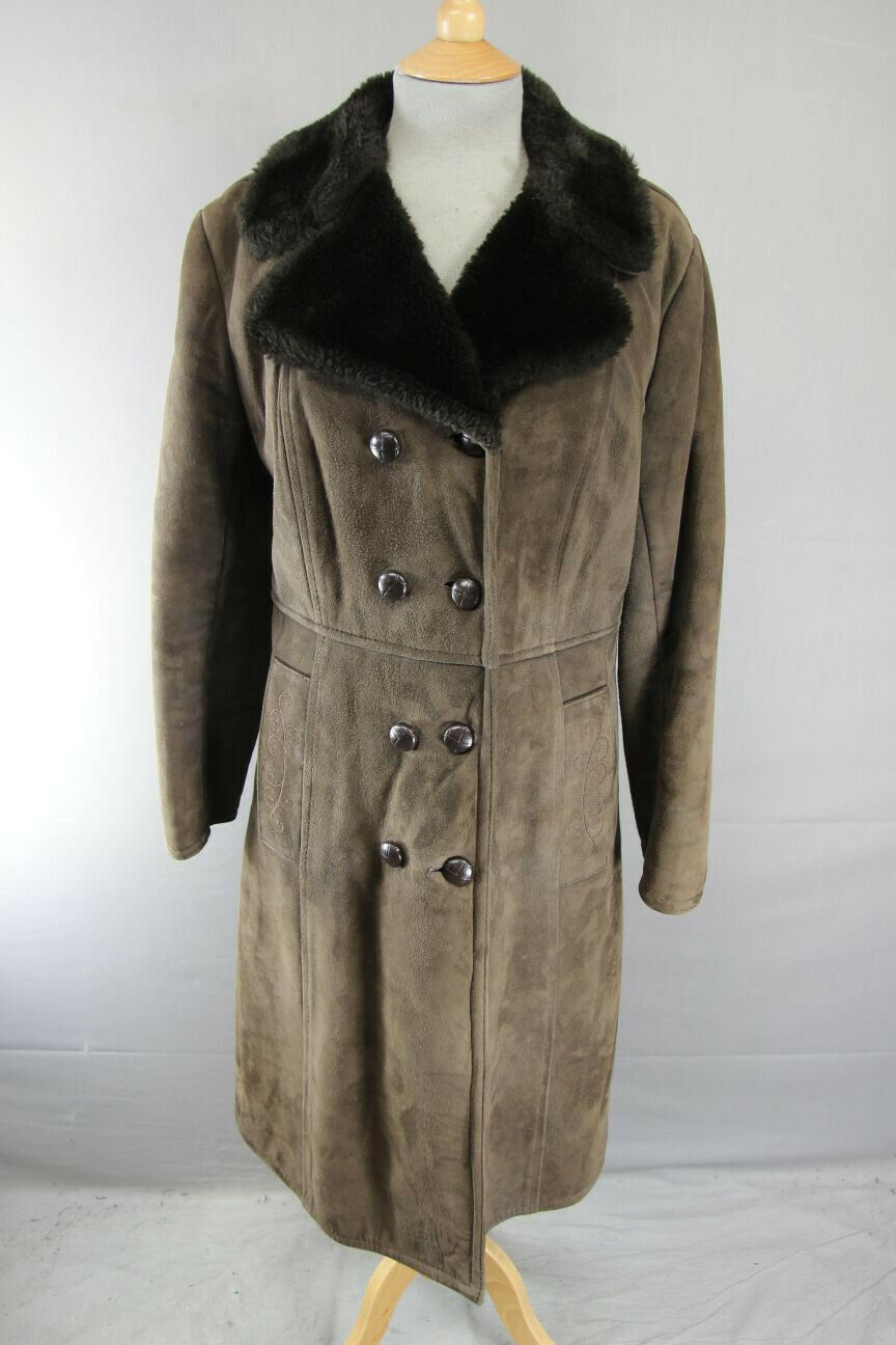 HOUSE OF FRASER/ALLANDER DOUBLE-BREASTED BROWN SUEDE LEATHER SHEEPSKIN COAT 38IN