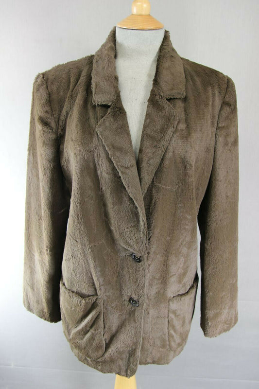 EXCELLENT JAEGER BRITISH MADE BROWN FAUX FUR VISCOSE/COTTON JACKET SIZE 14