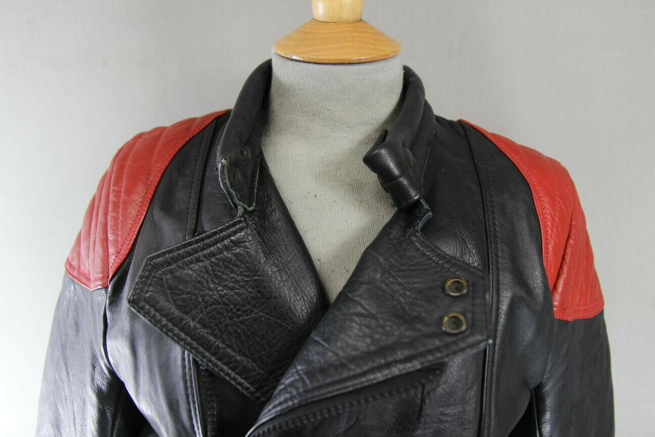 CLASSIC VINTAGE 1970's PUNK ROCK WADDINGTON BLACK & RED LEATHER BIKER JACKET 36"