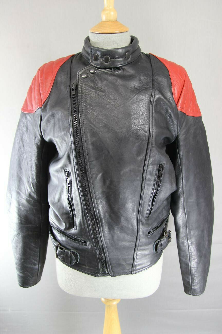 CLASSIC VINTAGE 1970's PUNK ROCK WADDINGTON BLACK & RED LEATHER BIKER JACKET 36"