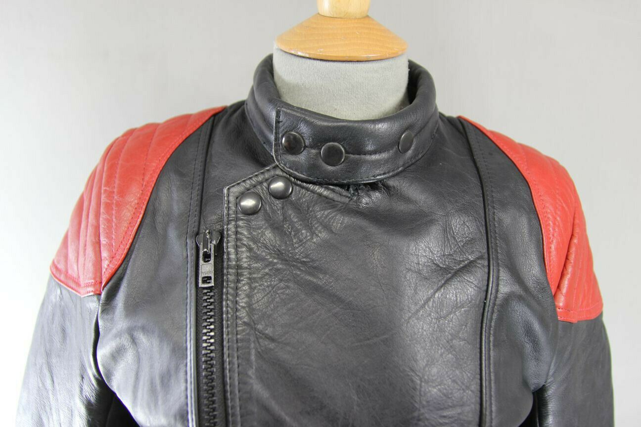 CLASSIC VINTAGE 1970's PUNK ROCK WADDINGTON BLACK & RED LEATHER BIKER JACKET 36"