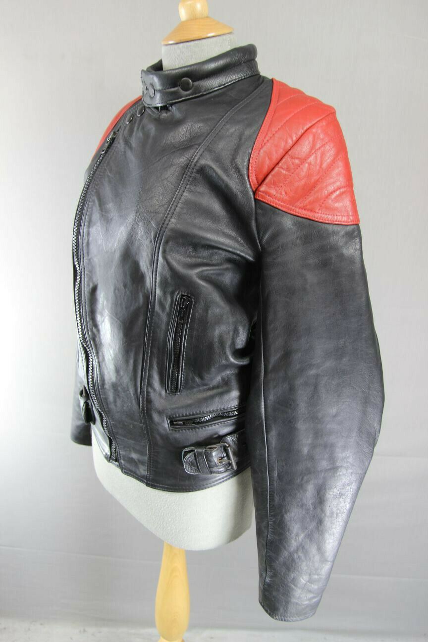 CLASSIC VINTAGE 1970's PUNK ROCK WADDINGTON BLACK & RED LEATHER BIKER JACKET 36"