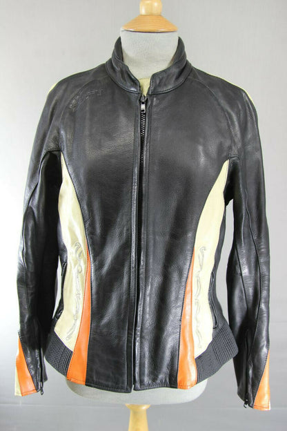 SUPERB DIFI BLACK, CREAM AND ORANGE LEATHER BIKER JACKET 36 INCH