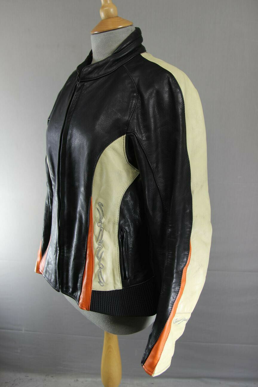 SUPERB DIFI BLACK, CREAM AND ORANGE LEATHER BIKER JACKET 36 INCH