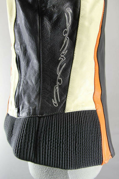 SUPERB DIFI BLACK, CREAM AND ORANGE LEATHER BIKER JACKET 36 INCH