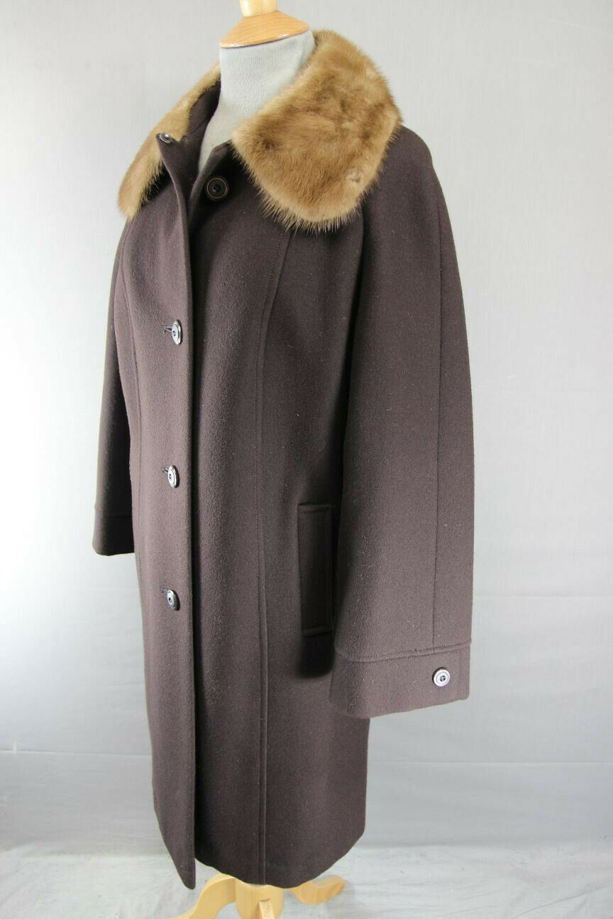 VINTAGE 80's BRITISH MADE DARK BROWN EASTEX PURE WOOL MINK COLLARED COAT 38 INCH