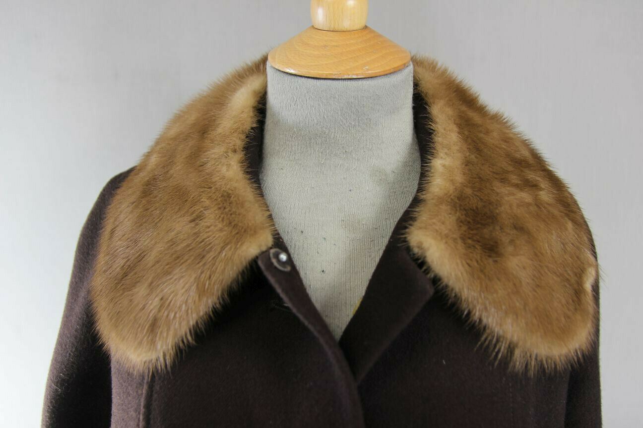 VINTAGE 80's BRITISH MADE DARK BROWN EASTEX PURE WOOL MINK COLLARED COAT 38 INCH
