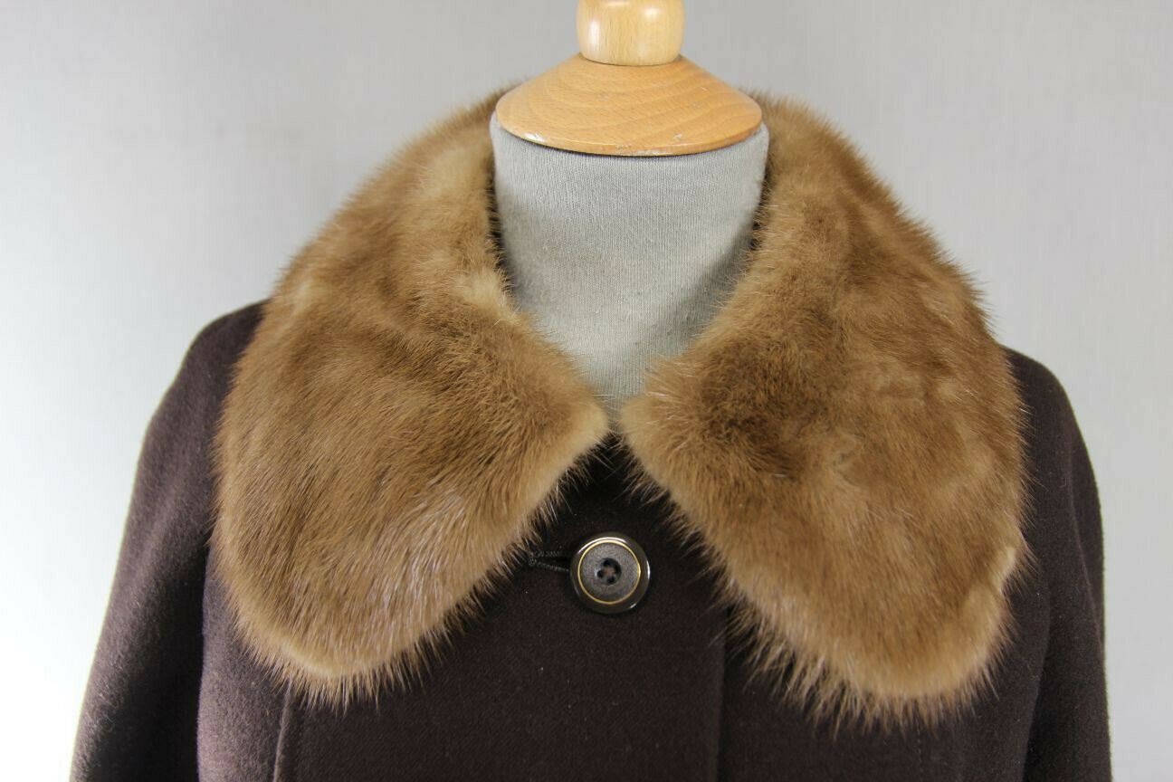 VINTAGE 80's BRITISH MADE DARK BROWN EASTEX PURE WOOL MINK COLLARED COAT 38 INCH