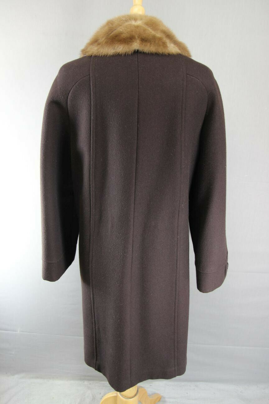 VINTAGE 80's BRITISH MADE DARK BROWN EASTEX PURE WOOL MINK COLLARED COAT 38 INCH