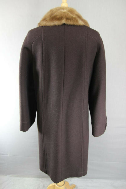 VINTAGE 80's BRITISH MADE DARK BROWN EASTEX PURE WOOL MINK COLLARED COAT 38 INCH